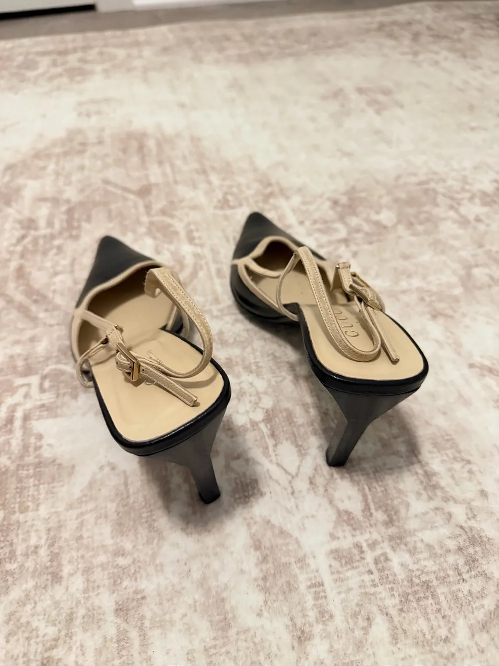 Gucci Black and Beige Pointed Toe Slingback Pumps